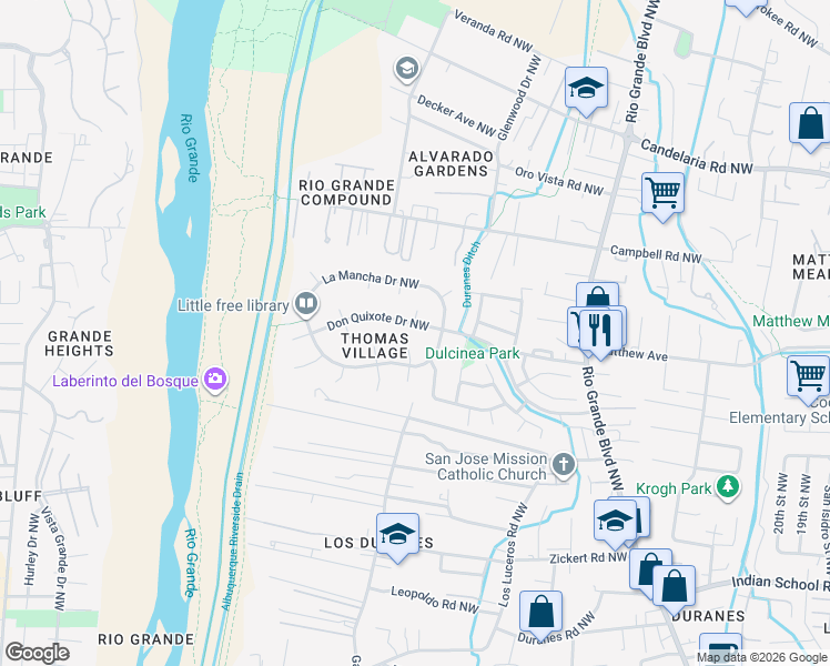 map of restaurants, bars, coffee shops, grocery stores, and more near 3105 Don Quixote Court Northwest in Albuquerque