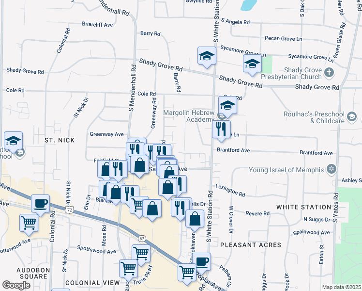 map of restaurants, bars, coffee shops, grocery stores, and more near 431 Meadowcrest Circle in Memphis