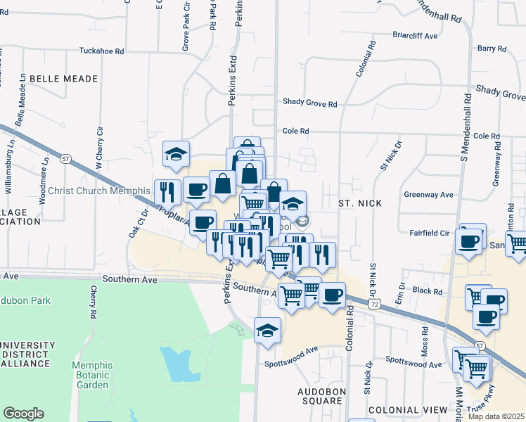 map of restaurants, bars, coffee shops, grocery stores, and more near 427 South Perkins Road in Memphis