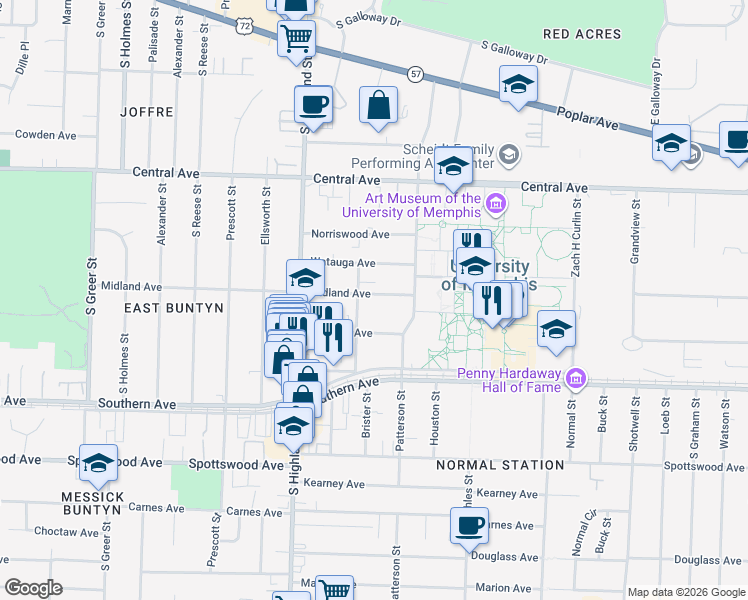 map of restaurants, bars, coffee shops, grocery stores, and more near 3586 Midland Avenue in Memphis