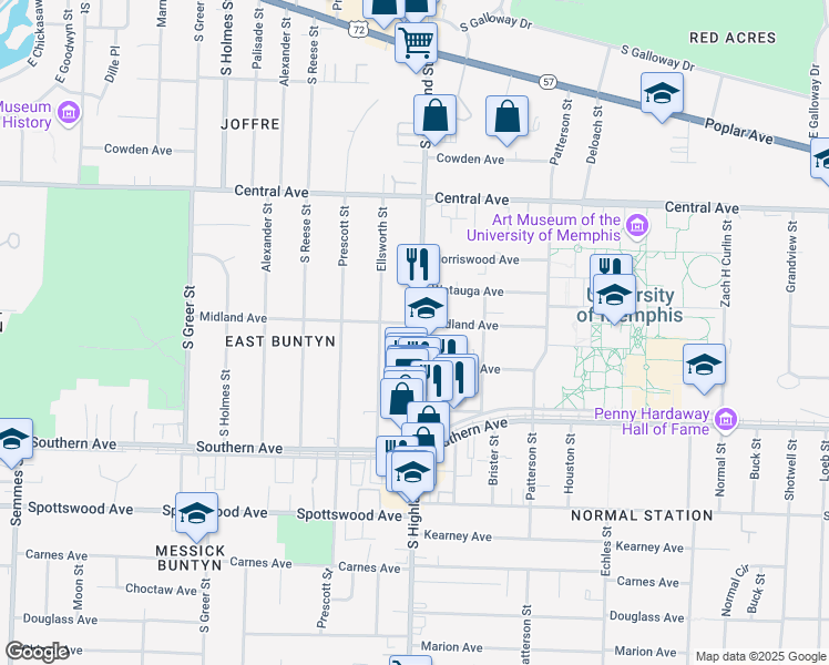 map of restaurants, bars, coffee shops, grocery stores, and more near 431 South Highland Street in Memphis