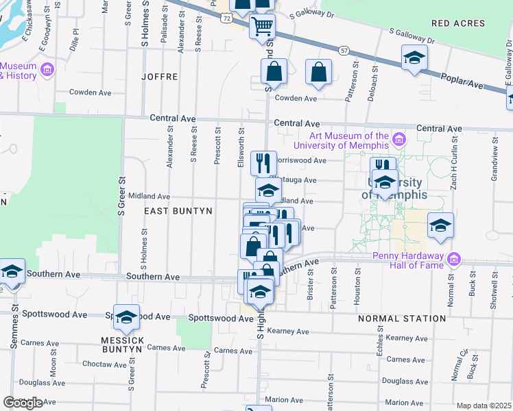 map of restaurants, bars, coffee shops, grocery stores, and more near 431 South Highland Street in Memphis