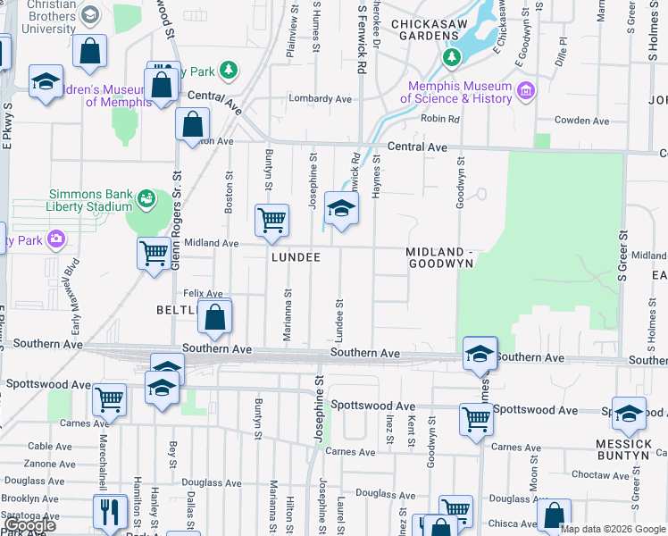 map of restaurants, bars, coffee shops, grocery stores, and more near 455 Lundee Street in Memphis