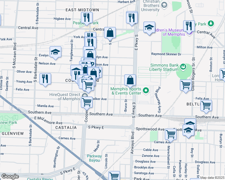 map of restaurants, bars, coffee shops, grocery stores, and more near 960 South Cox Street in Memphis