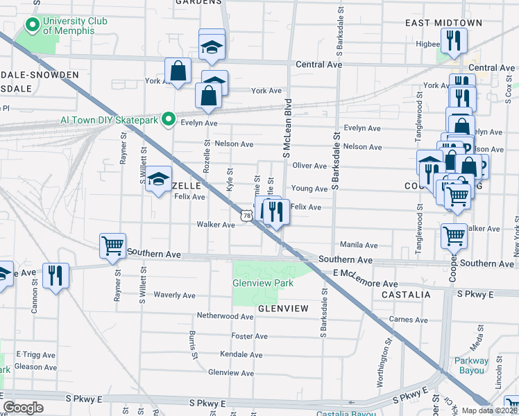map of restaurants, bars, coffee shops, grocery stores, and more near 971 Seattle Street in Memphis