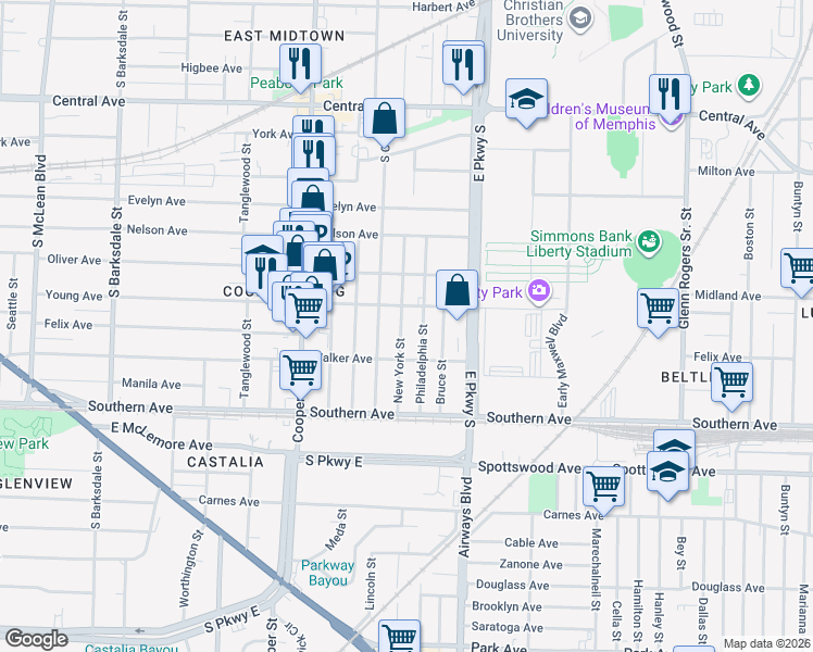 map of restaurants, bars, coffee shops, grocery stores, and more near 2263 Young Avenue in Memphis