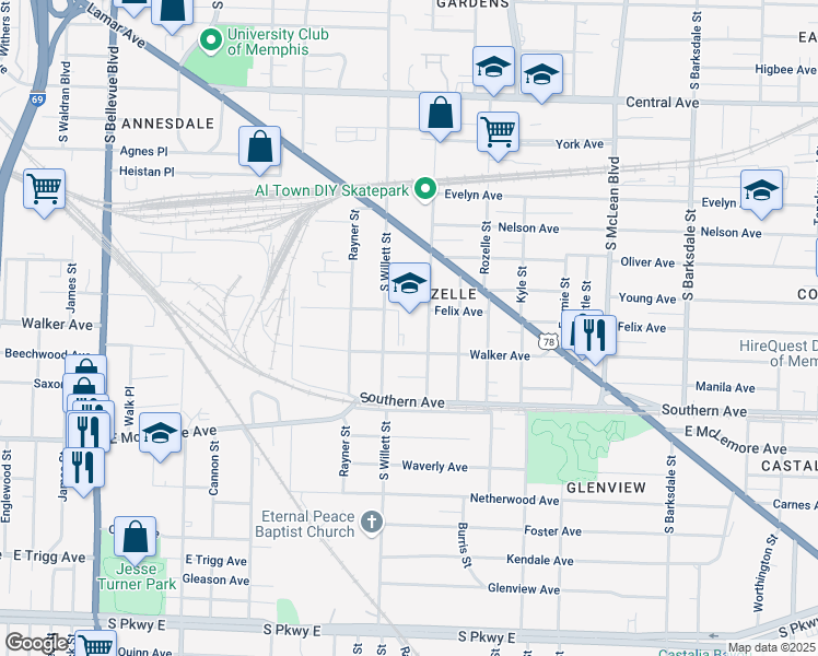 map of restaurants, bars, coffee shops, grocery stores, and more near 993 Roland Street in Memphis