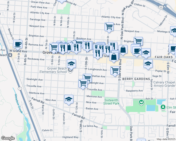 map of restaurants, bars, coffee shops, grocery stores, and more near 1345 Longbranch Avenue in Grover Beach