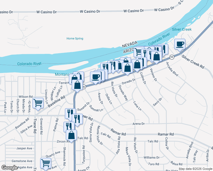 map of restaurants, bars, coffee shops, grocery stores, and more near 1850 Mohave Valley Highway in Bullhead City