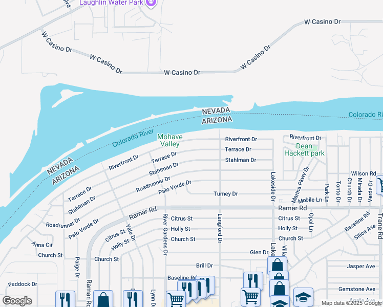 map of restaurants, bars, coffee shops, grocery stores, and more near 804 Terrace Drive in Bullhead City