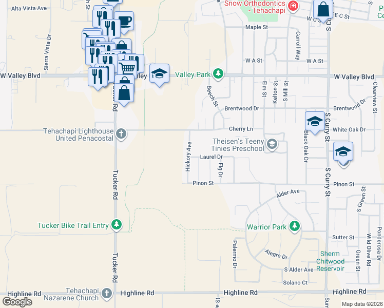 map of restaurants, bars, coffee shops, grocery stores, and more near 1086 Hickory Avenue in Tehachapi