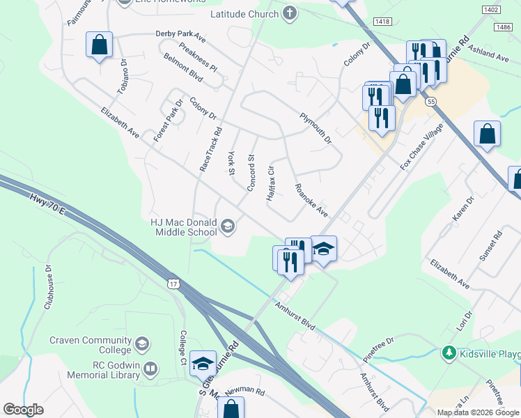 map of restaurants, bars, coffee shops, grocery stores, and more near 815 Halifax Cir in New Bern