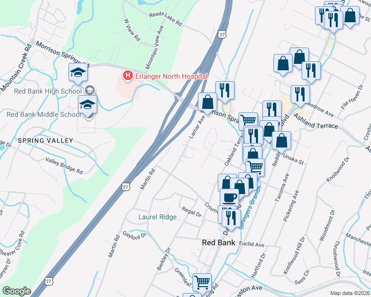 map of restaurants, bars, coffee shops, grocery stores, and more near 3702 Lamar Avenue in Chattanooga