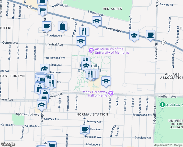 map of restaurants, bars, coffee shops, grocery stores, and more near 3720 Alumni Avenue in Memphis