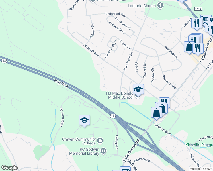 map of restaurants, bars, coffee shops, grocery stores, and more near 103 English Ivy Lane in New Bern