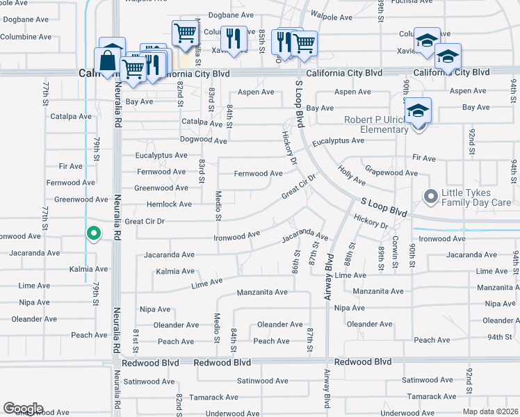 map of restaurants, bars, coffee shops, grocery stores, and more near 8513 Great Circle Drive in California City