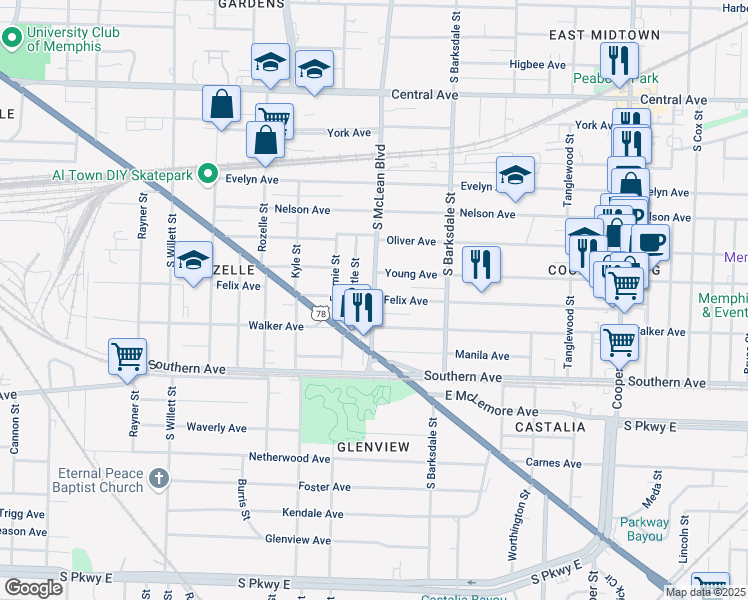 map of restaurants, bars, coffee shops, grocery stores, and more near South McLean Boulevard in Memphis