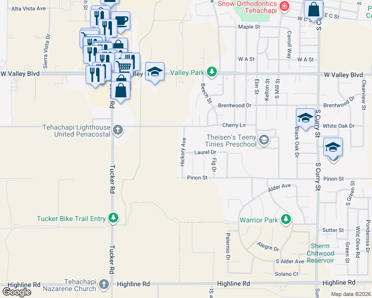 map of restaurants, bars, coffee shops, grocery stores, and more near 1086 Hickory Avenue in Tehachapi