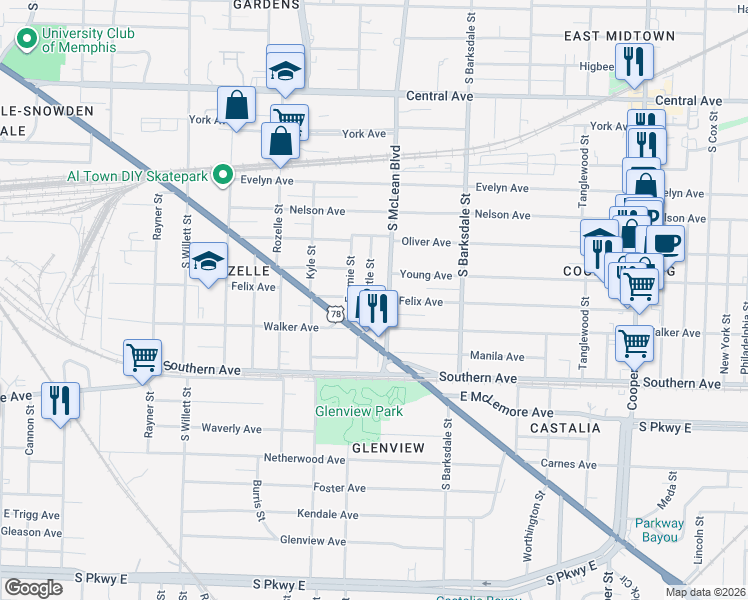 map of restaurants, bars, coffee shops, grocery stores, and more near 971 Seattle Street in Memphis