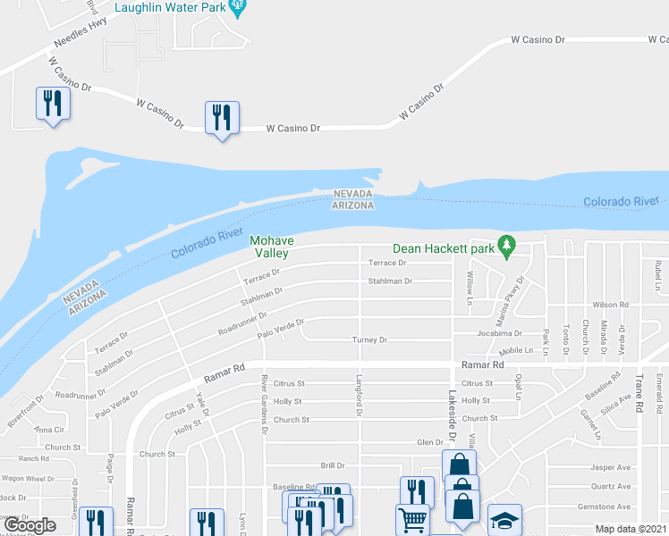 map of restaurants, bars, coffee shops, grocery stores, and more near 840 Terrace Drive in Bullhead City