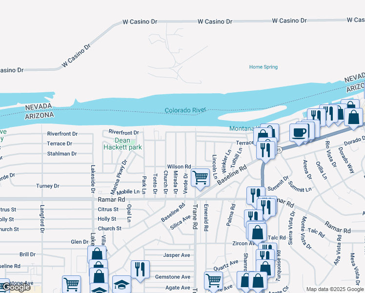 map of restaurants, bars, coffee shops, grocery stores, and more near 1328 Verde Drive in Bullhead City