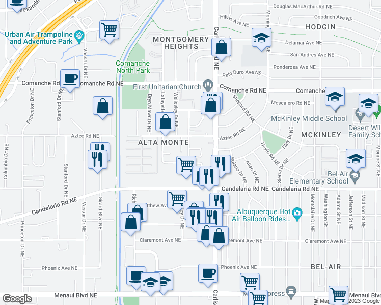 map of restaurants, bars, coffee shops, grocery stores, and more near 3210 Tulane Drive Northeast in Albuquerque