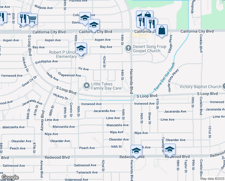 map of restaurants, bars, coffee shops, grocery stores, and more near 9236 Holly Avenue in California City