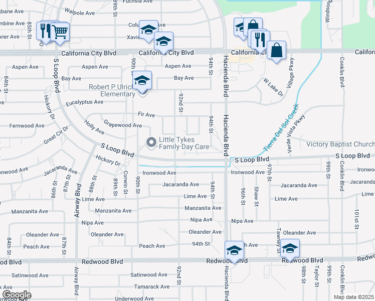 map of restaurants, bars, coffee shops, grocery stores, and more near 9236 Holly Avenue in California City