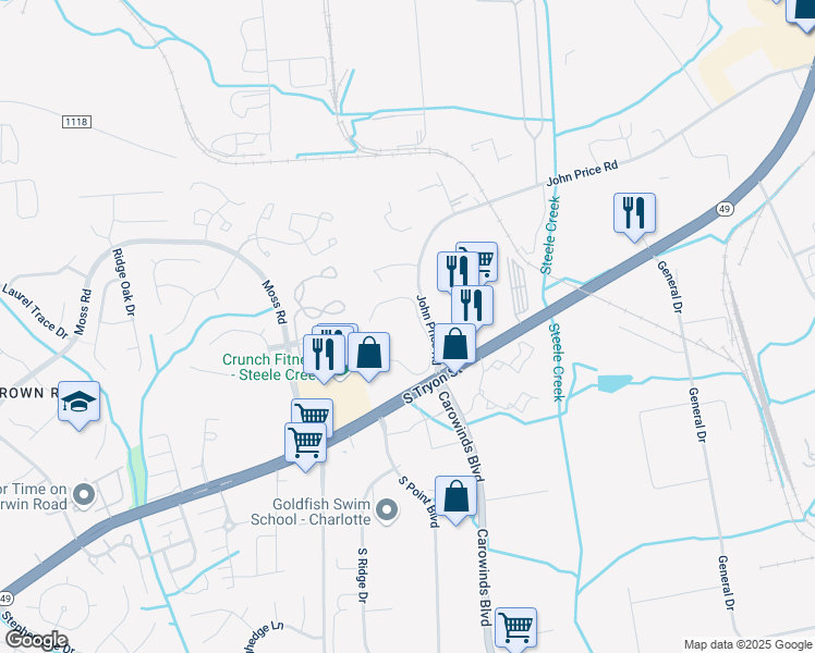 map of restaurants, bars, coffee shops, grocery stores, and more near 10800 Point South Drive in Charlotte