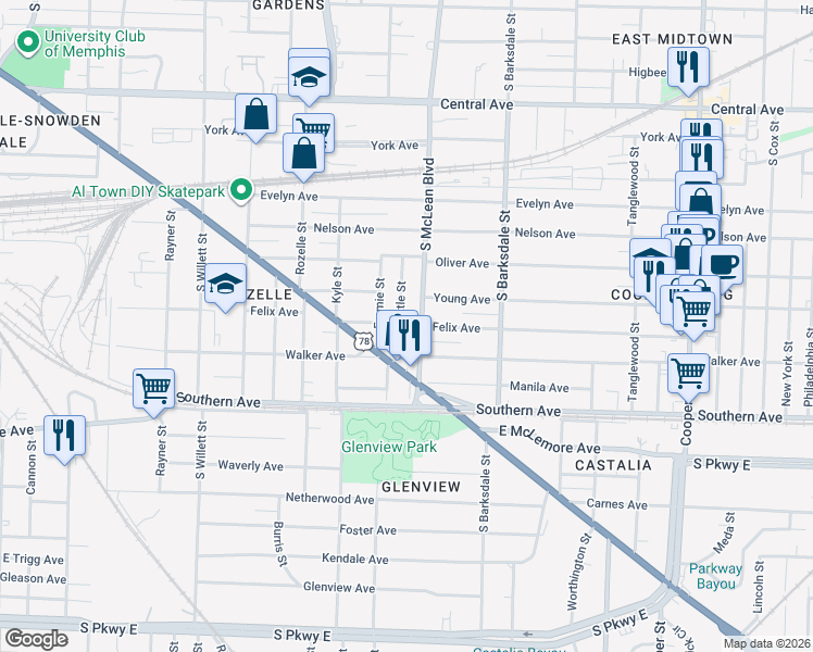 map of restaurants, bars, coffee shops, grocery stores, and more near 971 Seattle Street in Memphis