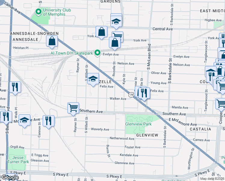 map of restaurants, bars, coffee shops, grocery stores, and more near 1673 Lamar Avenue in Memphis