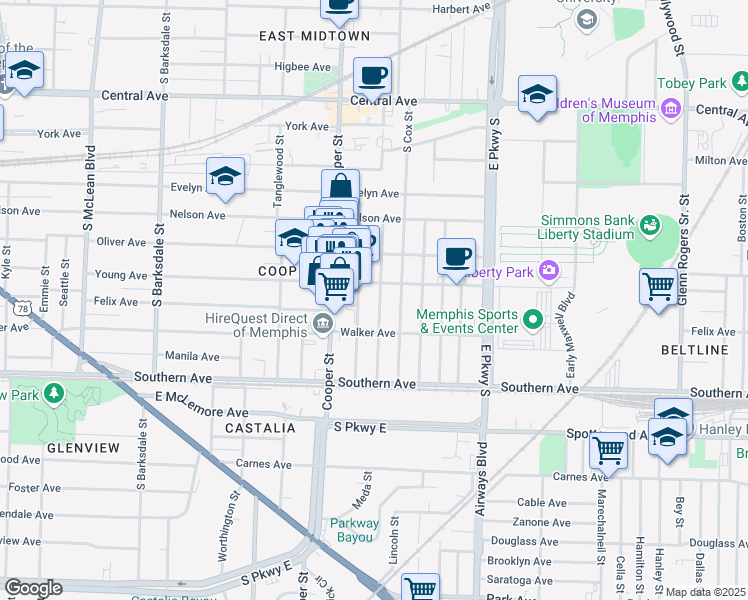 map of restaurants, bars, coffee shops, grocery stores, and more near 975 Meda Street in Memphis