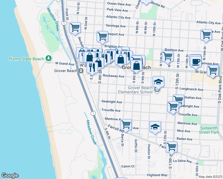 map of restaurants, bars, coffee shops, grocery stores, and more near 541 Manhattan Avenue in Grover Beach