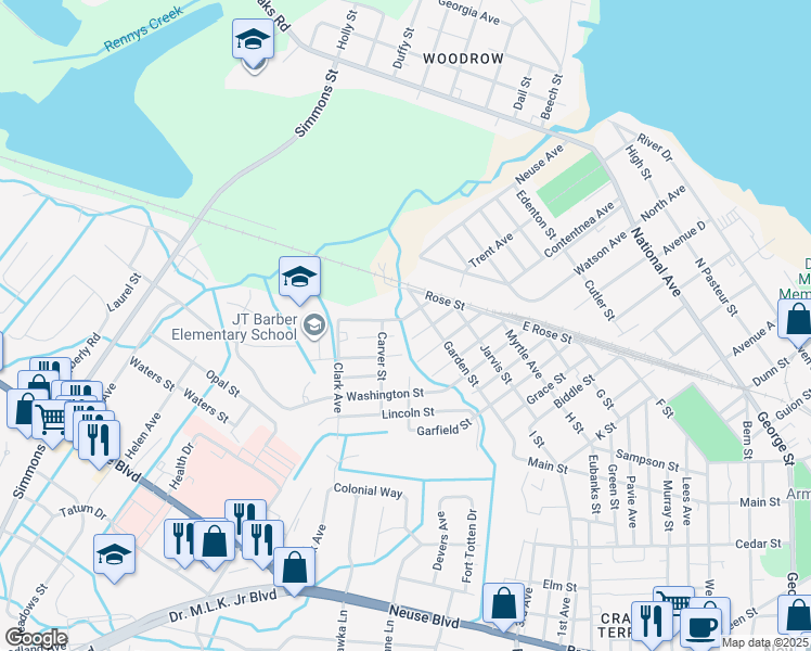 map of restaurants, bars, coffee shops, grocery stores, and more near 1306 Beaufort Street in New Bern