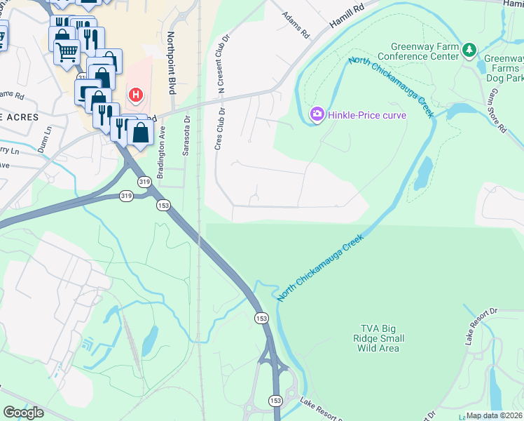 map of restaurants, bars, coffee shops, grocery stores, and more near 2403 Crescent Club Drive in Chattanooga