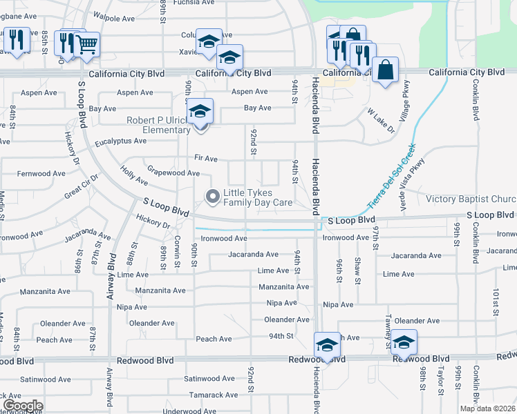 map of restaurants, bars, coffee shops, grocery stores, and more near 9224 Holly Avenue in California City