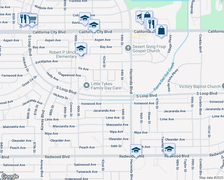 map of restaurants, bars, coffee shops, grocery stores, and more near 9300 Holly Avenue in California City