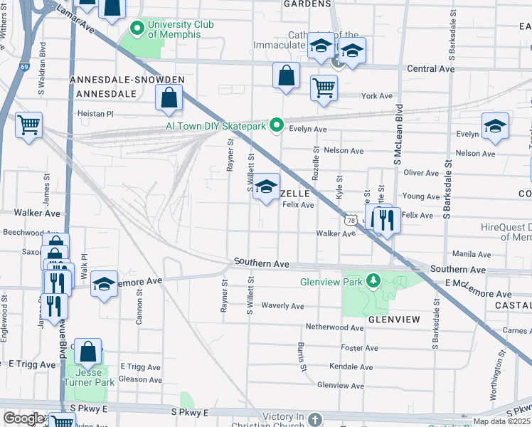 map of restaurants, bars, coffee shops, grocery stores, and more near 993 Roland Street in Memphis