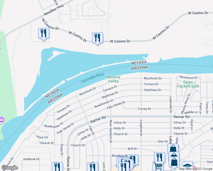 map of restaurants, bars, coffee shops, grocery stores, and more near 731 Riverfront Drive in Bullhead City