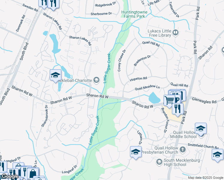 map of restaurants, bars, coffee shops, grocery stores, and more near 7546 Quail Meadow Lane in Charlotte