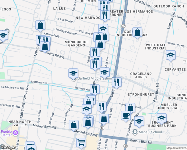 map of restaurants, bars, coffee shops, grocery stores, and more near in Albuquerque