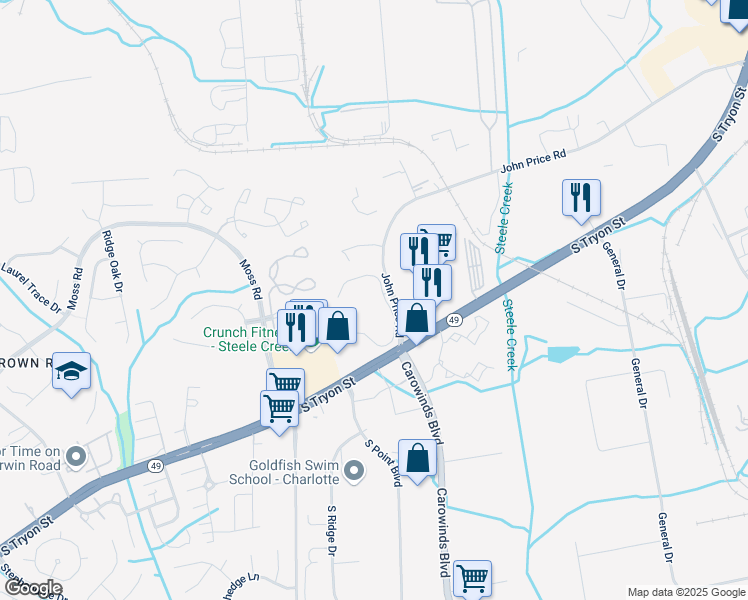 map of restaurants, bars, coffee shops, grocery stores, and more near 10900 Point South Drive in Charlotte