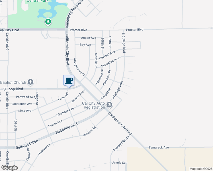 map of restaurants, bars, coffee shops, grocery stores, and more near 20520 Berkman Drive in California City