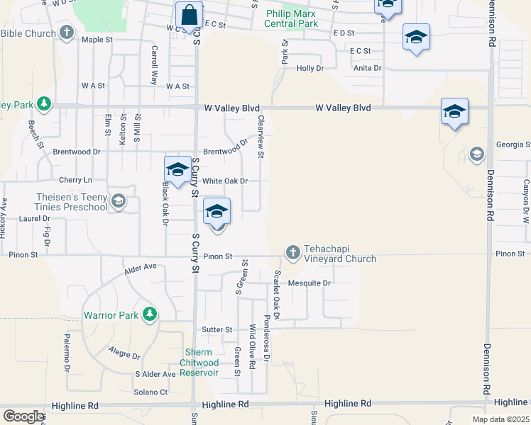 map of restaurants, bars, coffee shops, grocery stores, and more near 1030 Clearview Street in Tehachapi