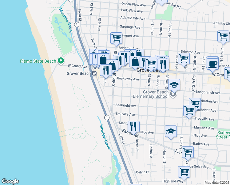 map of restaurants, bars, coffee shops, grocery stores, and more near 338 South 4th Street in Grover Beach