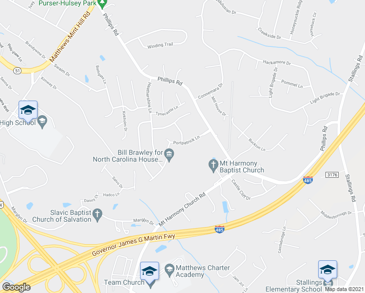 map of restaurants, bars, coffee shops, grocery stores, and more near 13642 Portpatrick Lane in Matthews