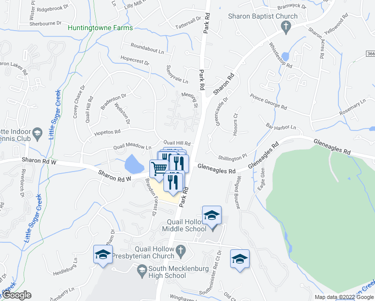 map of restaurants, bars, coffee shops, grocery stores, and more near 7015 Quail Hill Road in Charlotte