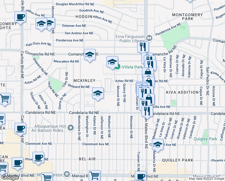 map of restaurants, bars, coffee shops, grocery stores, and more near 3301 Monroe Street Northeast in Albuquerque