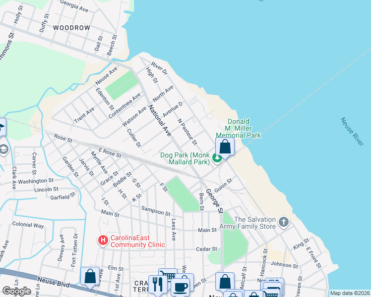 map of restaurants, bars, coffee shops, grocery stores, and more near 410 Avenue B in New Bern