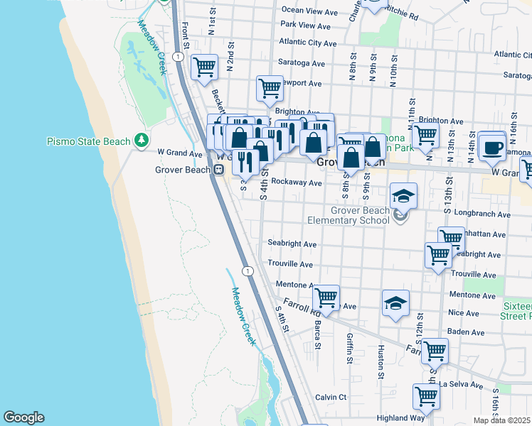 map of restaurants, bars, coffee shops, grocery stores, and more near 365 South 4th Street in Grover Beach